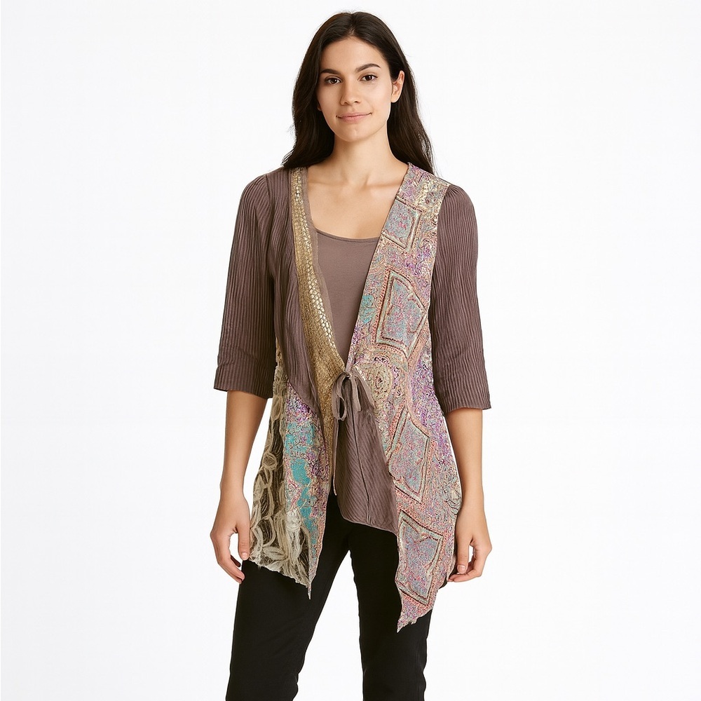 Anthropologie x Tiny 100% Silk Boho Mixed Patchwork Tie Front Blouse